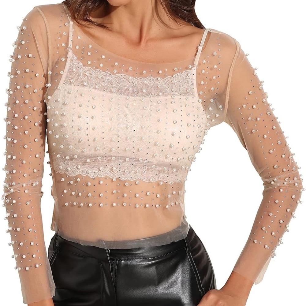 Pearl Rhinestone Mesh Blouse